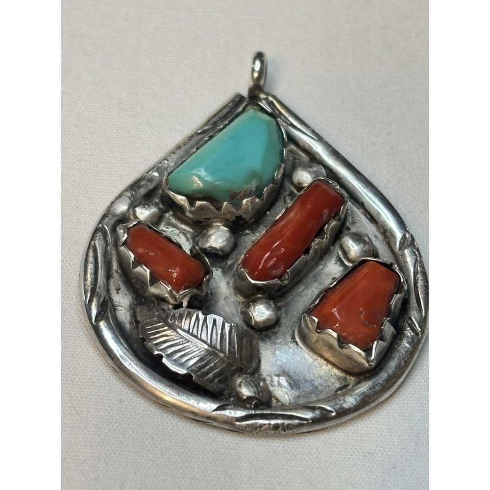 Vintage Angie C. Zuni Sterling Silver, Turquoise & Coral Pendant & 18 in. Chain